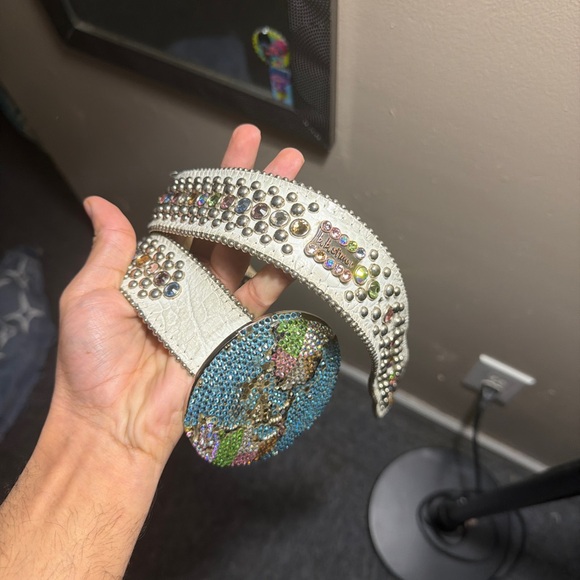 B.B. Simon White Belt with Blue and Multicolor Studs